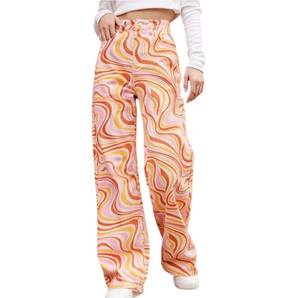 SHEIN Retro Psychedelic Swirl High Waisted Straight Leg Pants Pink Orange Large